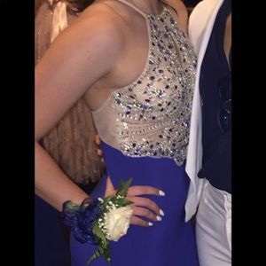 beaded royal blue prom dress with slit
